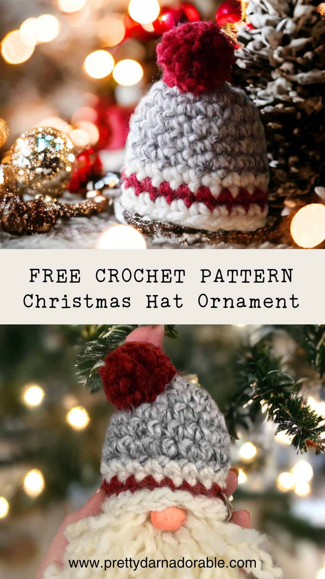 mini crochet christmas hat made from grey yearn with cream trim and pompom