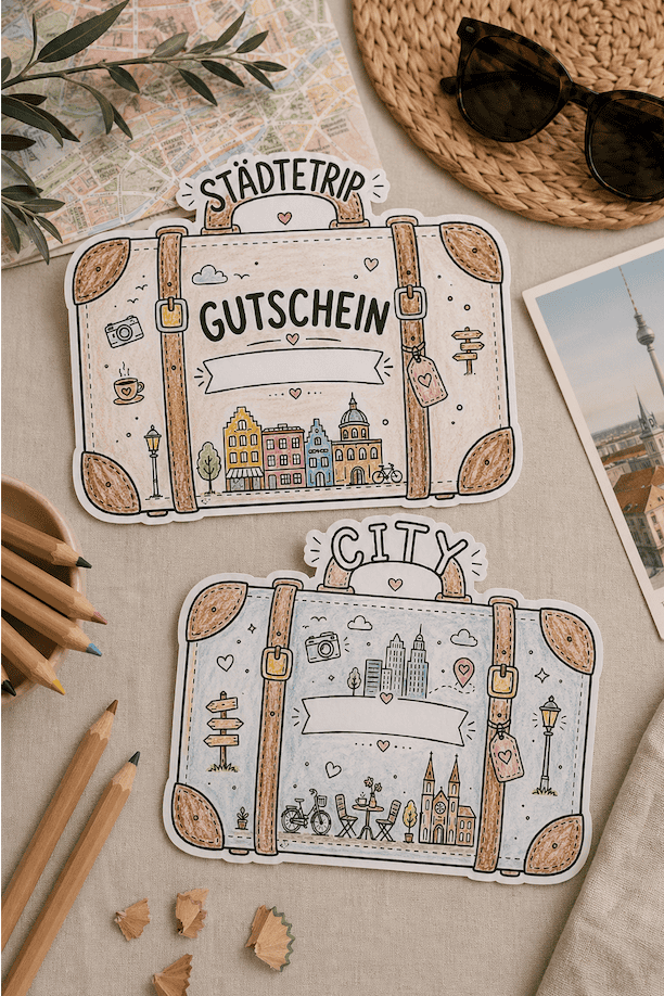 Zwei ausgedruckte und angemalte Reisegutscheine für Städtetrips in Koffer-Designs