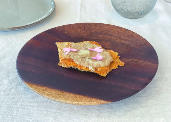 Roasted chicken skin with anchovy bread sauce and society garlic.