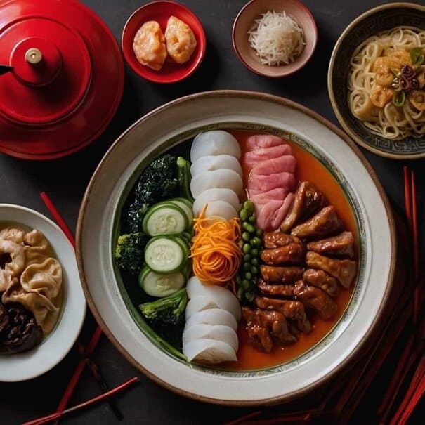 A top view of a traditional Korean meal featuring noodles, dumplings, various meats, vegetables, and side dishes, specially prepared for the Lunar Chinese New Year and served with tea and condiments.