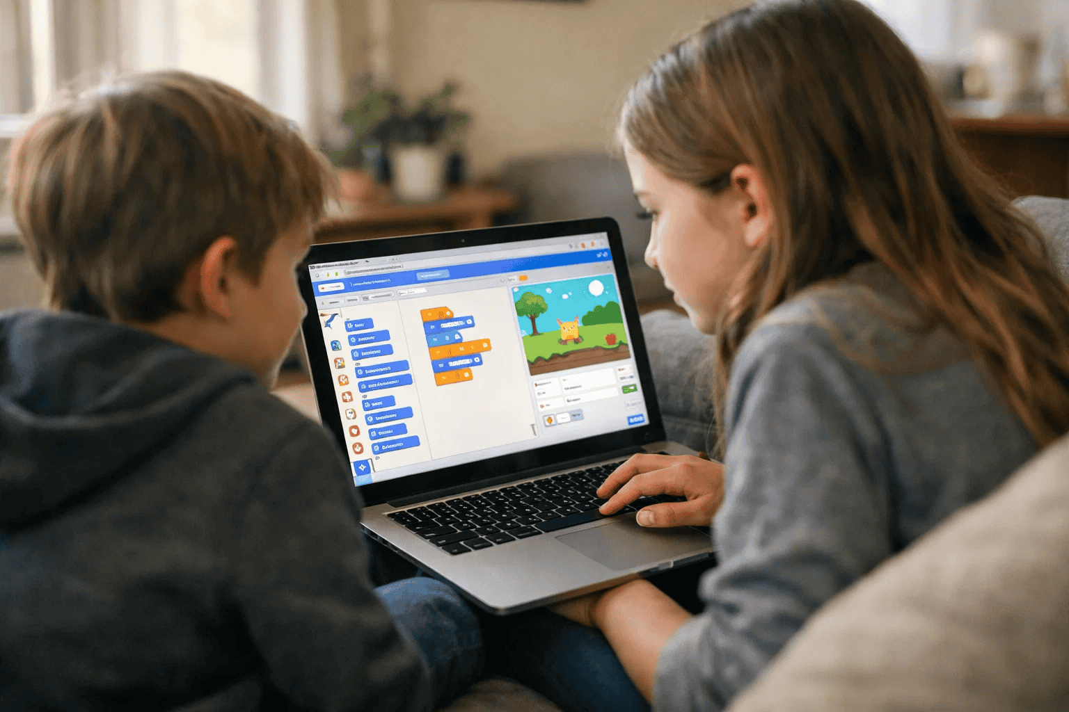 wo kids excited about their first Scratch game project showing signs they are ready to learn to code