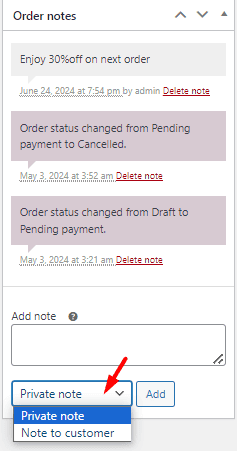 WooCommerce private note