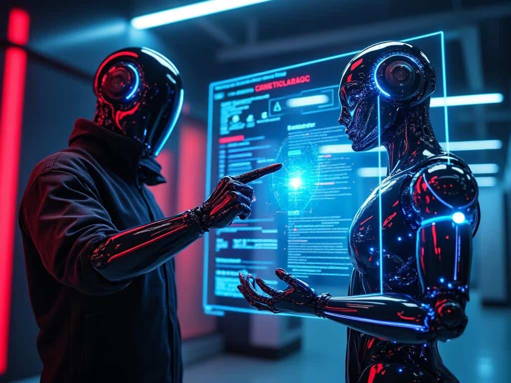 Two futuristic robots, rendered in black with glowing blue and red accents, interact with a holographic display. One robot points at the screen, which displays text, as the other robot looks on. This scene evokes the potential of AI in law enforcement, possibly related to AI police reports.