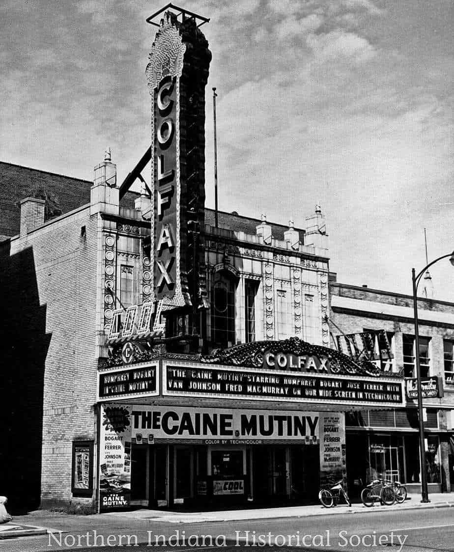 Colfax Theater 1954 ph 3770 THM (1) Vintage cinema theater marquee promoting "The Cain Mutiny" in black and white, showcasing historic movie theater architecture.