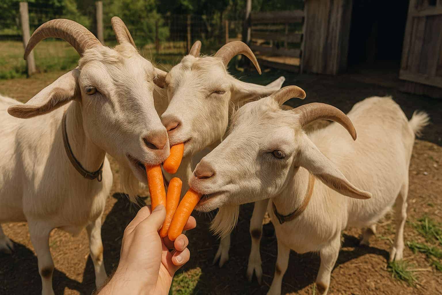 a group of goats eating carrots