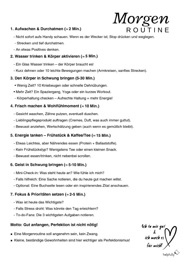 Liste für die Morgen Routinen zum Ausdrucken mit vielen Ideen