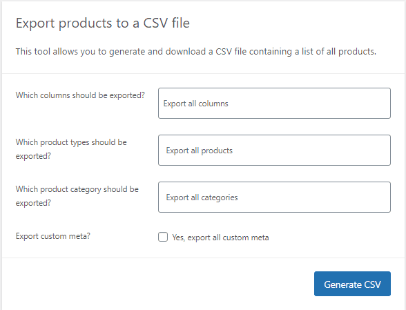 WooCommerce product fields in export form