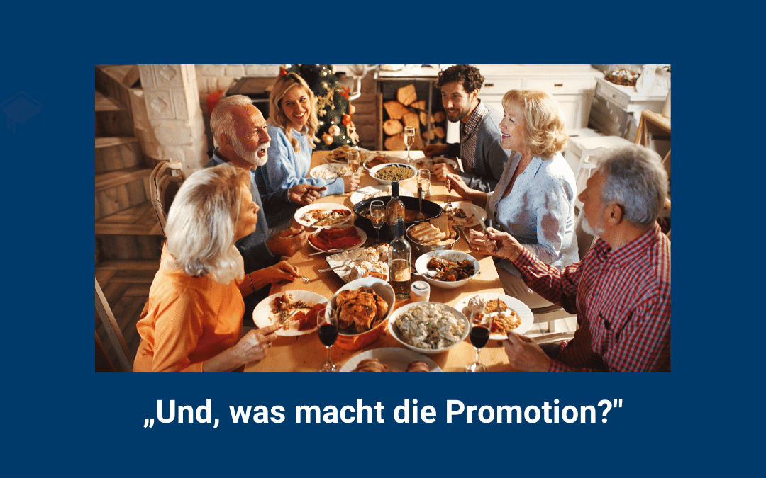 Familie beim gemeinsamen Essen an Weihnachten – Coachingzonen Podcast Episode 295 über die Frage „Und, was macht die Promotion?