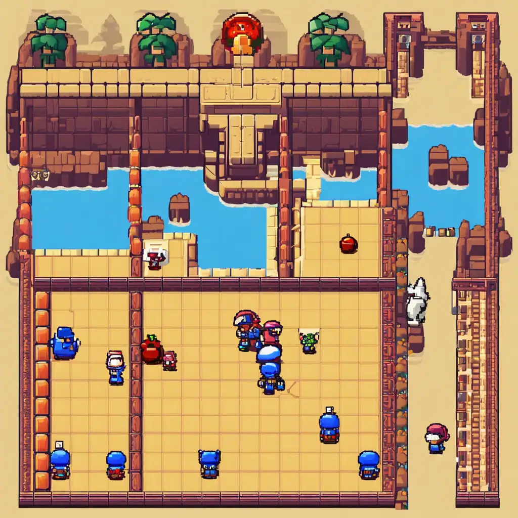 Exploration de jeu vidéo pixel art avec des personnages en arme dans un environnement désertique et aquatique, styles rétro et gameplay stratégique pour les fans de jeux d'action.