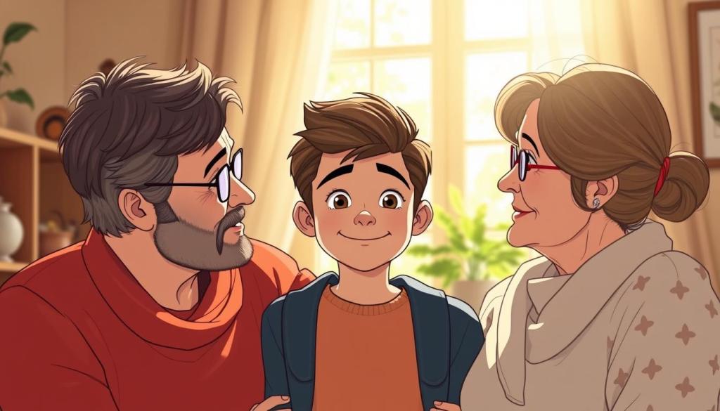 A warm, intimate family portrait set in a cozy, sun-drenched interior. Maurice Bohlen, the son of acclaimed musician Dieter Bohlen, stands between his parents, Dieter and Estefania Heidemann, their affectionate bond palpable. Maurice's youthful features, framed by his styled hair, convey a sense of maturity and poise. Dieter and Estefania, exuding a harmonious synergy, gaze at their son with evident pride and love. The scene is bathed in soft, natural lighting, accentuating the familial warmth and connection. The overall composition captures the essence of the "Familienbande" - the strong, enduring ties that bind this family together. A warm, intimate family portrait set in a cozy, sun-drenched interior. Maurice Bohlen, the son of acclaimed musician Dieter Bohlen, stands between his parents, Dieter and Estefania Heidemann, their affectionate bond palpable. Maurice's youthful features, framed by his styled hair, convey a sense of maturity and poise. Dieter and Estefania, exuding a harmonious synergy, gaze at their son with evident pride and love. The scene is bathed in soft, natural lighting, accentuating the familial warmth and connection. The overall composition captures the essence of the "Familienbande" - the strong, enduring ties that bind this family together.
