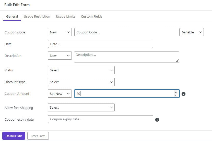 select coupon amount field in bulk edit form