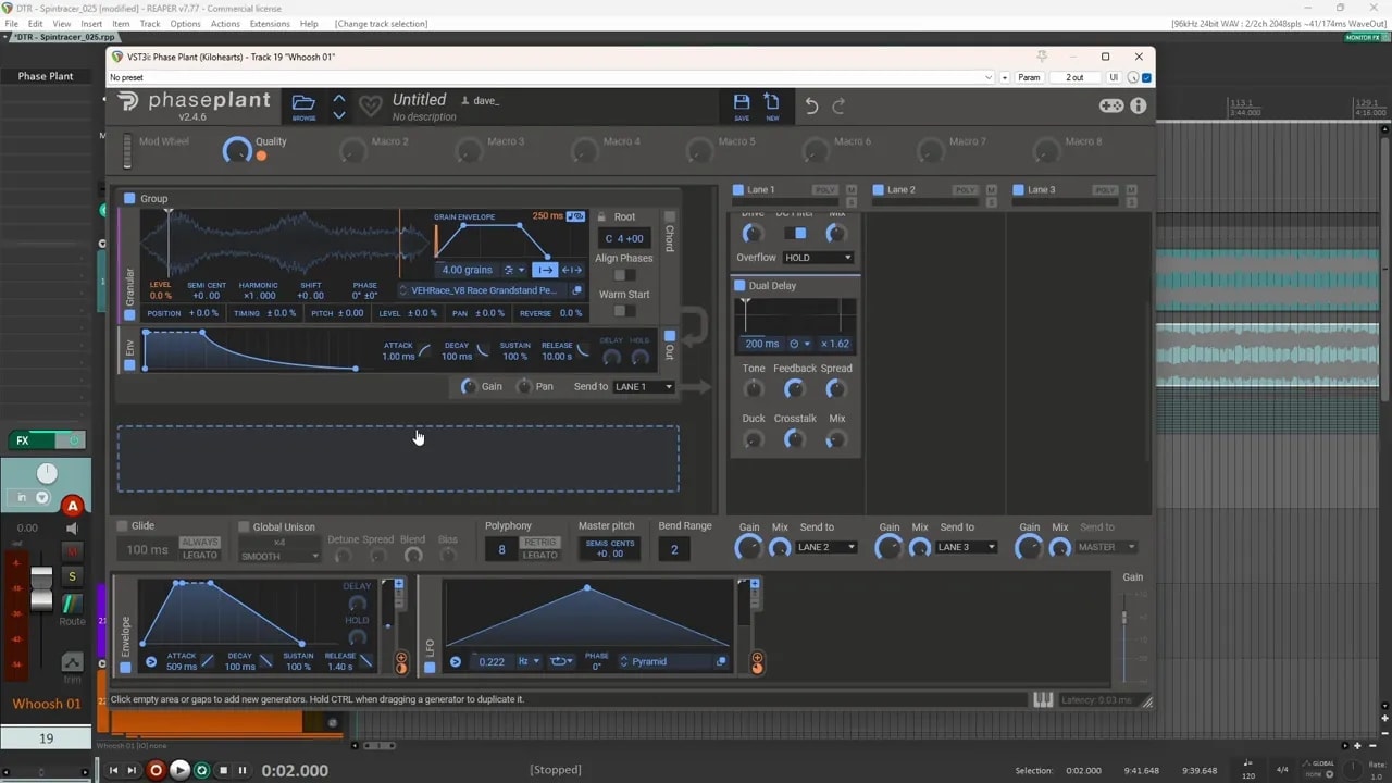 Granular synthesis plugin with envelope graphs and modulation controls