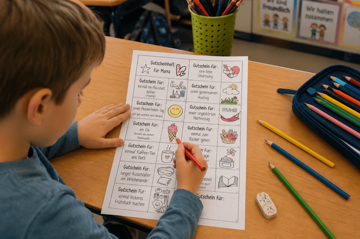Die DIY-Vorlage mit den Gutscheinen für Mama ausmalen