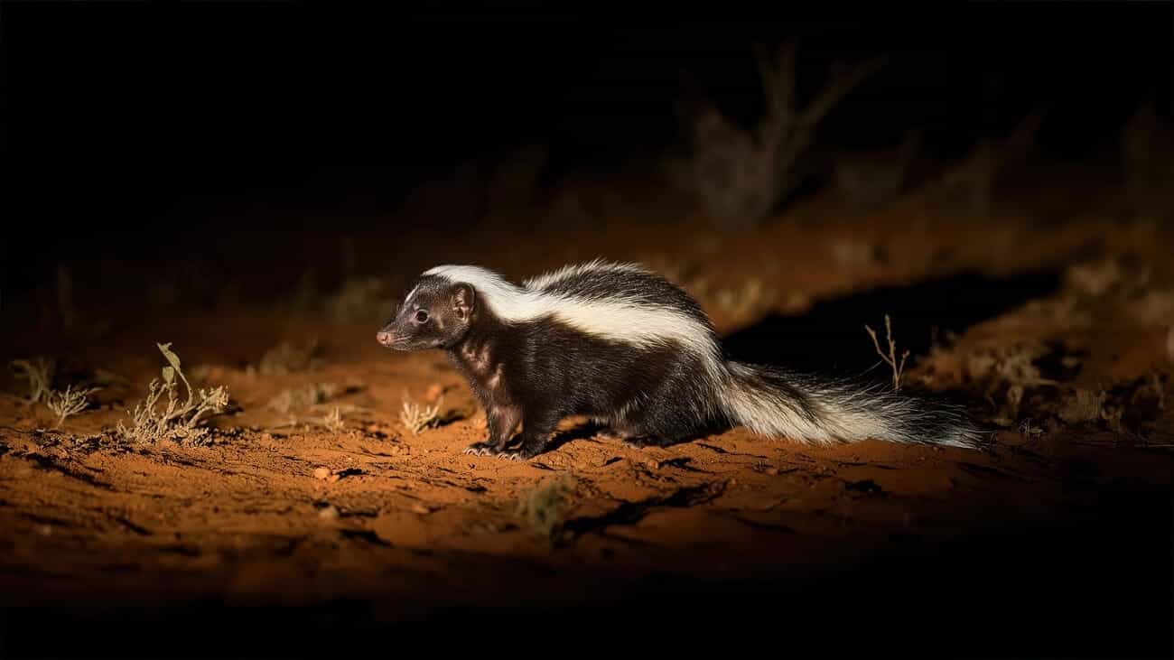 Striped Polecat Under the Cover of Night Striped polecat illuminated by torchlight at night in Khamab Kalahari Reserve
