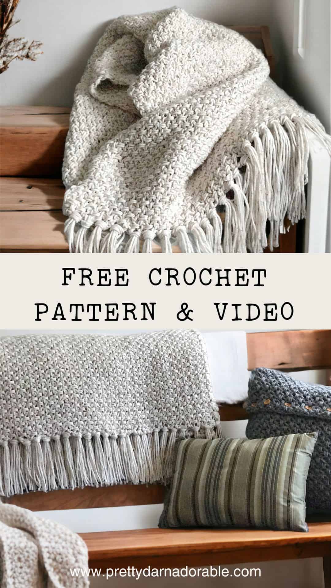 beige crochet blanket with fringe