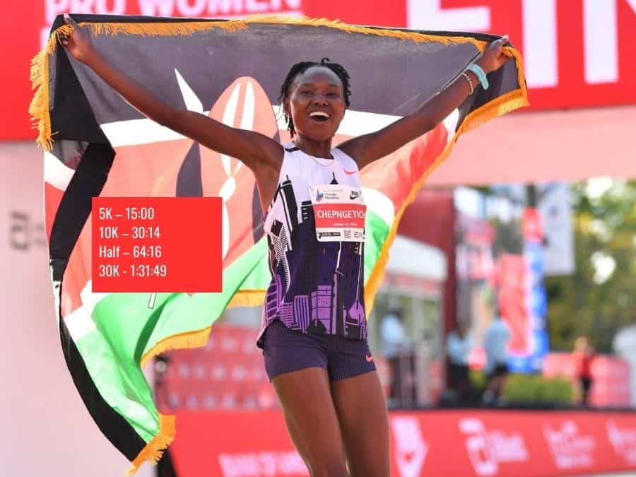Ruth Chepngetich breaks the women's marathon world record in Chicago, becoming the first woman to run under 2:10, with a time of 2:09:56.