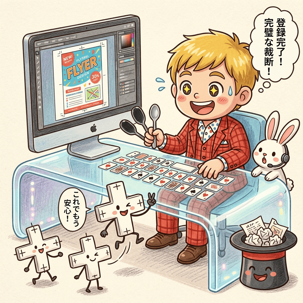 Adobe解約を決断!無料Affinityに乗り換えた3つの驚く理由【2026年版】 3 無料のAffinity Designerで印刷入稿用チラシをデザイン中。擬人化したトンボがピースするチビキャラ風イラスト