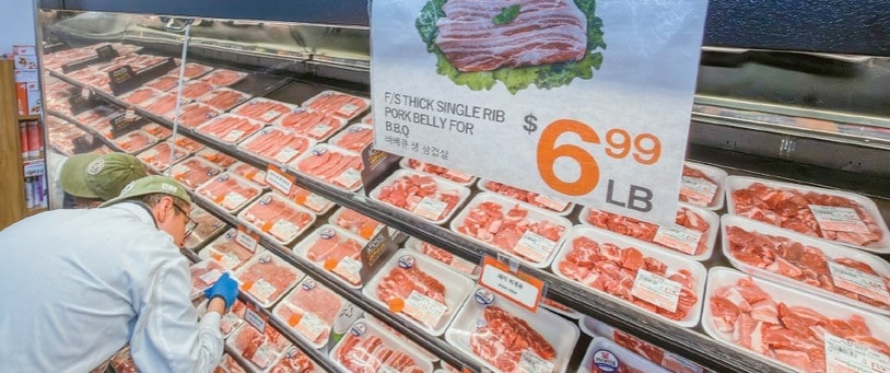A display of fresh pork belly at Zion Market in Los Angeles Koreatown for the Samgyeopsal Day (March 3rd) special sale.