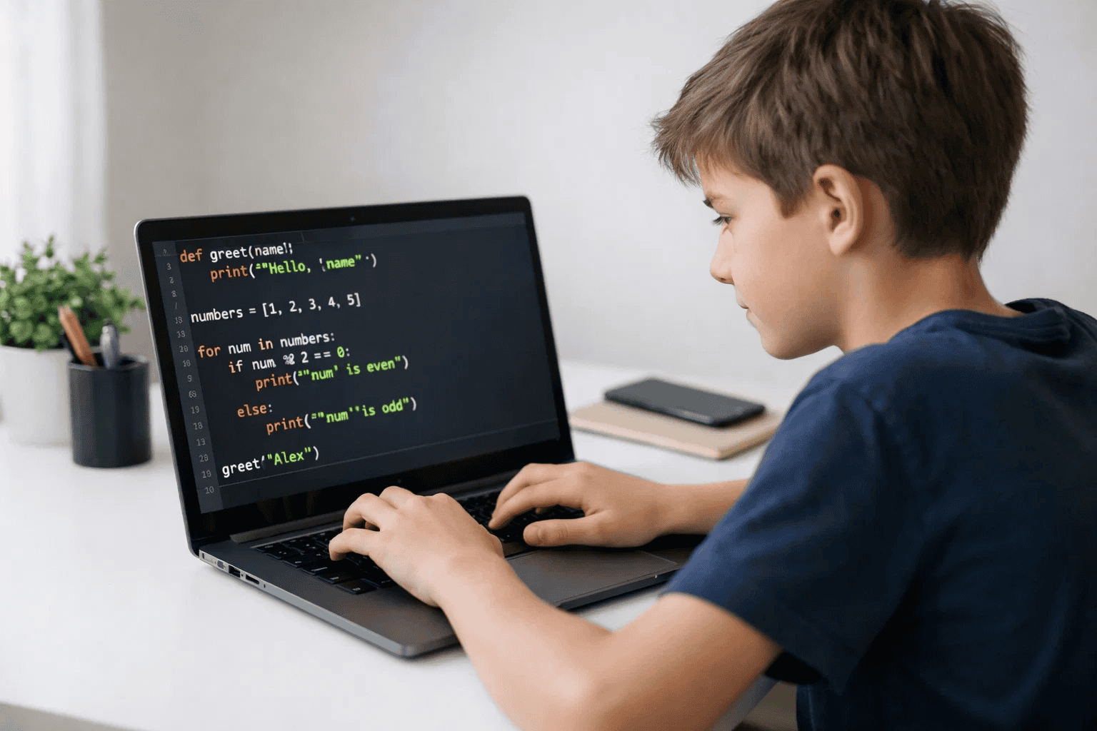 12-year-old child coding Python on laptop, screen showing beginner Python script