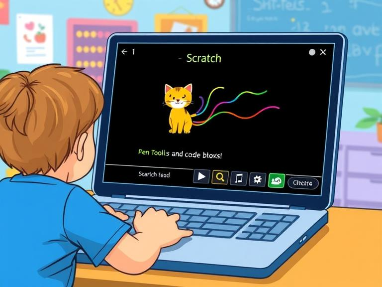 An illustration of a child using a laptop with the Scratch interface on screen, specifically showing the Pen Tool code blocks in use β drawing colorful lines and shapes. The Scratch cat mascot is visible on the canvas, drawing with vibrant trails. The background is creative and fun, with a digital classroom or coding workspace atmosphere. Bright, educational, and kid-friendly styl