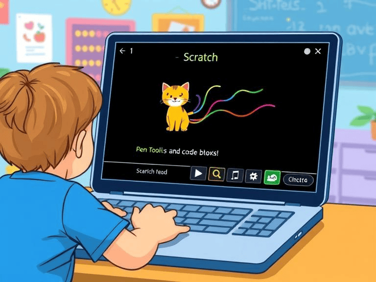 An illustration of a child using a laptop with the Scratch interface on screen, specifically showing the Pen Tool code blocks in use β drawing colorful lines and shapes. The Scratch cat mascot is visible on the canvas, drawing with vibrant trails. The background is creative and fun, with a digital classroom or coding workspace atmosphere. Bright, educational, and kid-friendly styl