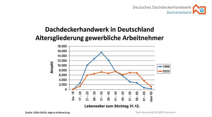 Liniendiagramm zeigt Altersverteilung im deutschen Handwerk; zwei Linien für unterschiedliche Gruppen, x-Achse Altersgruppen, y-Achse Anzahl.
