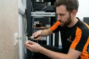 TV Engineer installing a network socket TV aerial specialist connecting up a cat 6 socket
