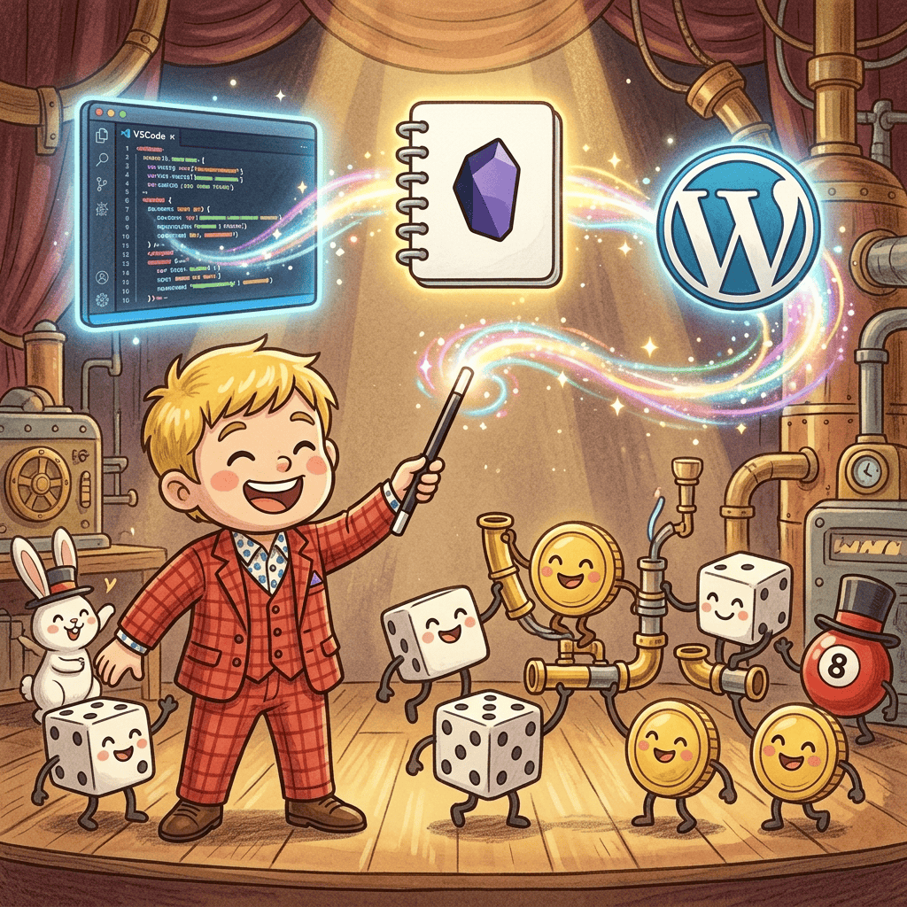 VSCode×Claude Codeで「ブログ執筆→画像生成→SEO設定→WordPress投稿」を全自動化した話。もうWordPressの管理画面を開く必要がない 3 WordPress API連携でVSCode・Obsidian・WordPressが光のラインで繋がる。魔法の杖を振るマジシャンと、パイプを組み立てる擬人化サイコロ・コインのチビキャラ風イラスト
