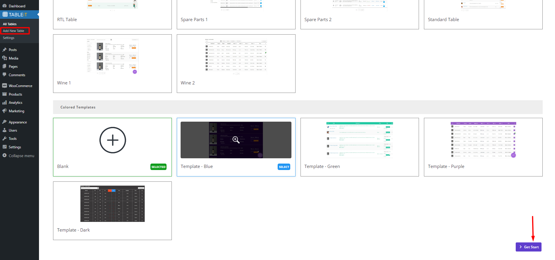 select templates table in plugin WooCommerce
