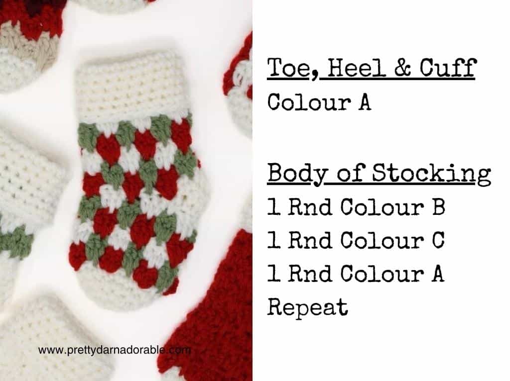 Small red, green, and white crochet Christmas stockings with pattern text: Toe, Heel & Cuff: Colour A; Body: alternate Colours B, C, A. Free crochet pattern