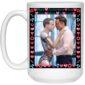 In Love" satire mug: Mark Zuckerberg as a robot embraces Elon Musk. A funny tech billionaire coffee cup with AI-generated art, great for tech humor. 15oz ceramic mug.