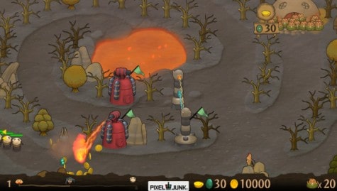 Véhicules rouges dans un paysage fantastique avec des arbres et des sources de lave, illustration de jeu vidéo immersif, parfait pour un univers de jeu d'aventure et de stratégie.