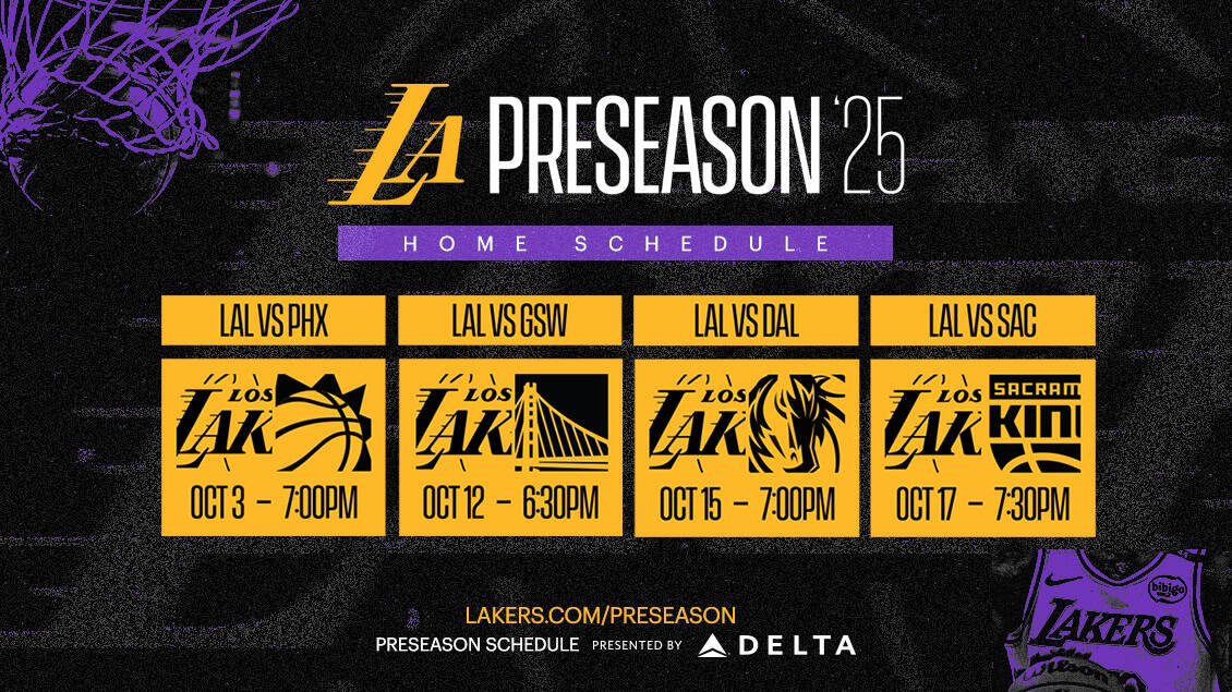 Lakers 2025 preseason schedule graphic highlighting games in Palm Springs, Los Angeles, and Las Vegas