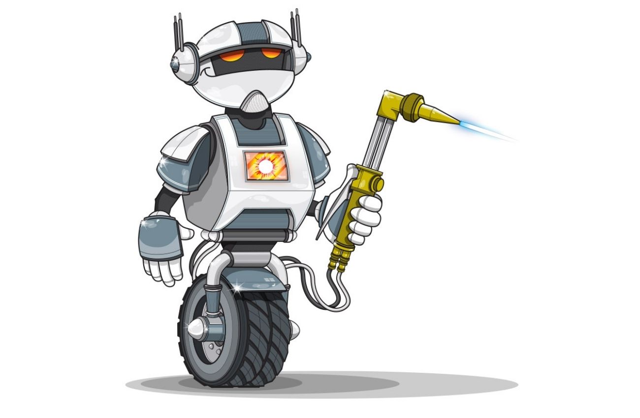 Cartoon robot with welding torch; SuperFlash mascot illustration