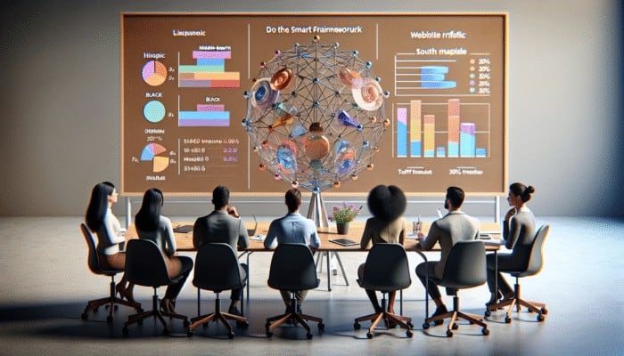 Digital marketing team brainstorming with SMART framework diagram, focusing on increasing website traffic by 30% in six months.