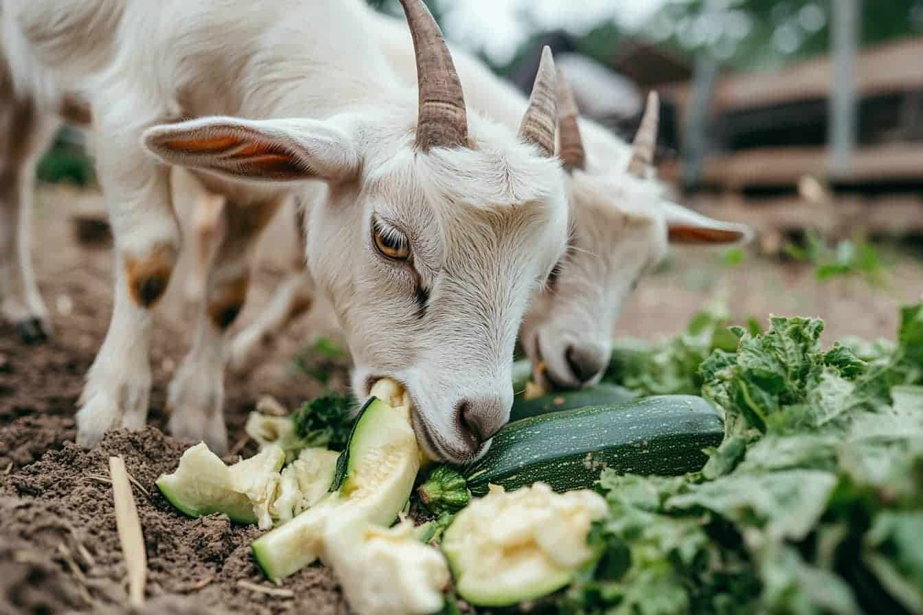 two goats eating zucchini
