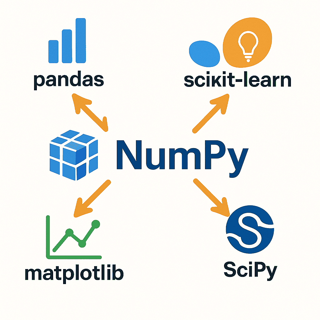 A central NumPy logo with arrows connecting it to the pandas, scikit-learn, Matplotlib, and SciPy logos.