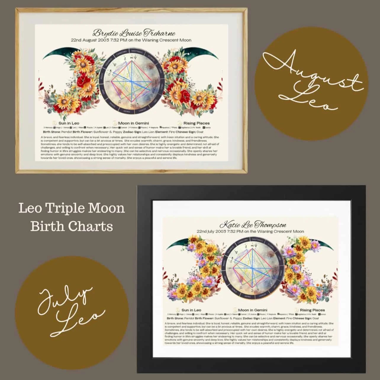 Leo Season 3 Two framed Birth Chart & Traits Leo Triple Moon prints feature vibrant floral and celestial designs, labeled July Leo and August Leo on brown circles, highlighting astrology symbols for a colorful zodiac-inspired display.
