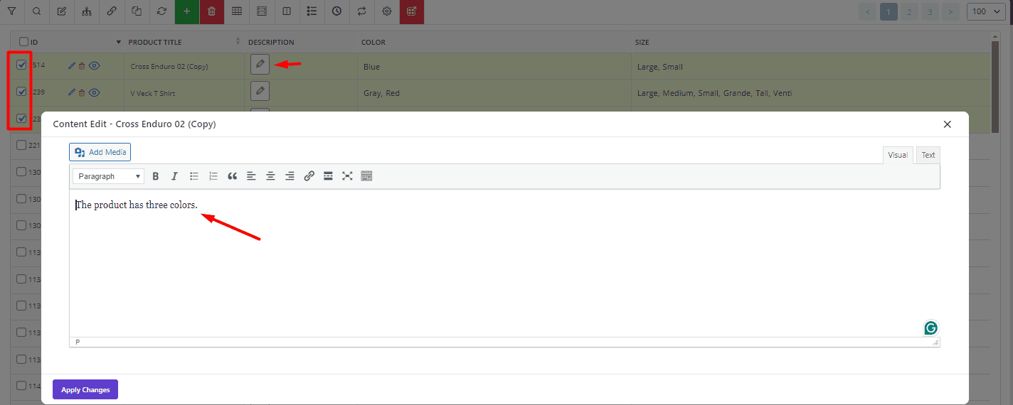 Select product click inline edit in WooCommerce products bulk edit plugin