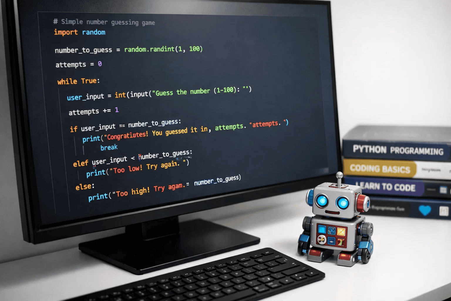 Python code displayed on computer screen showing beginner-friendly programming syntax for science fair projects