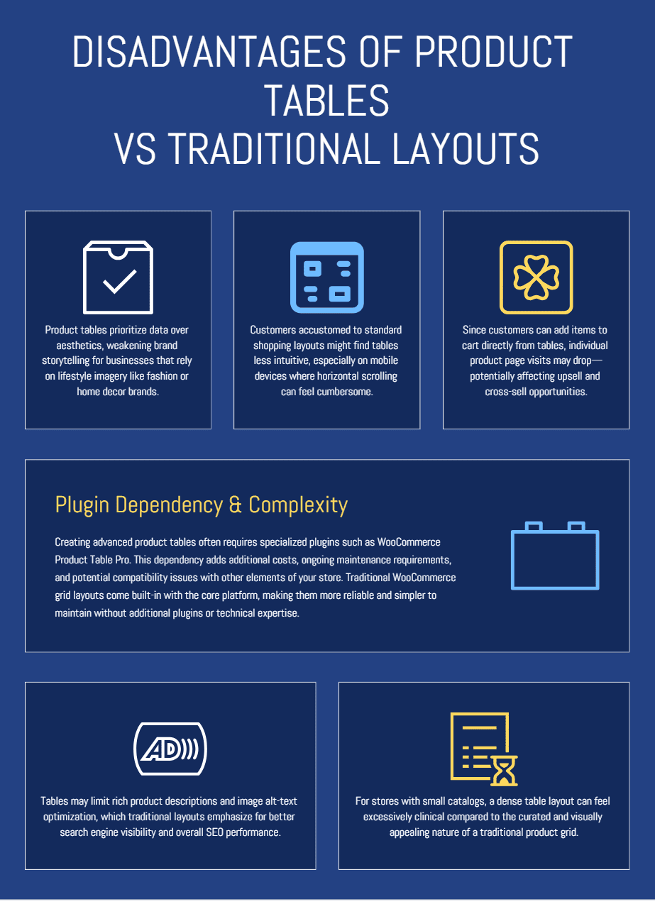 Disadvantages of product tables vs traditional layouts