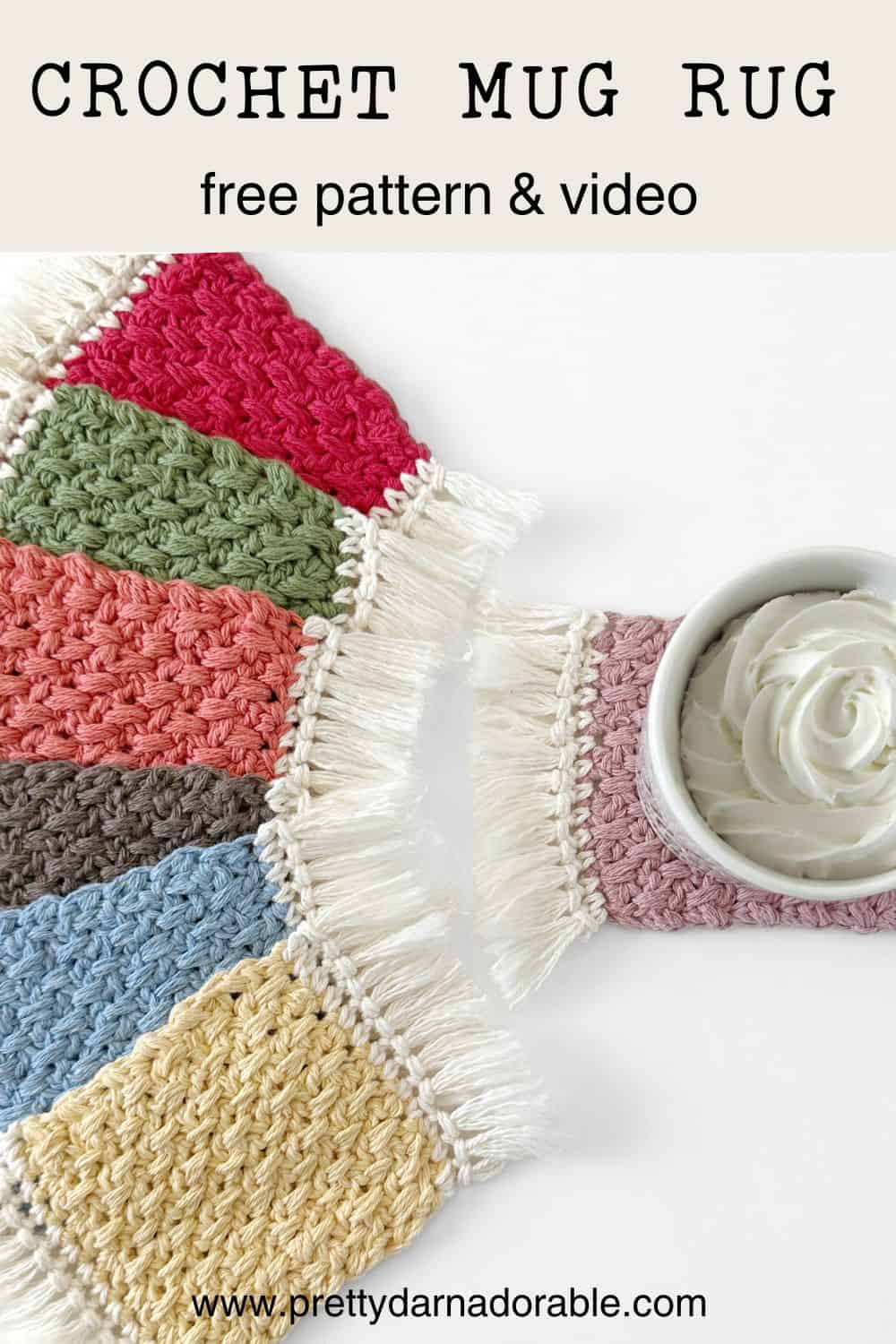 multiple coloured crochet mug rugs with fringe