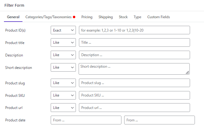 Filter form WooCommerce product bulk edit plugin