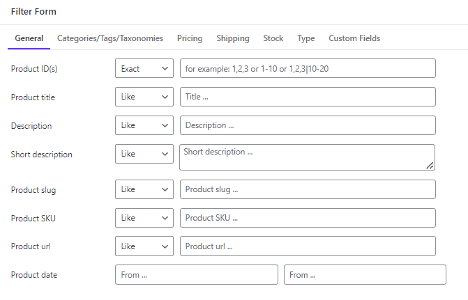 WooCommerce products bulk edit filter form