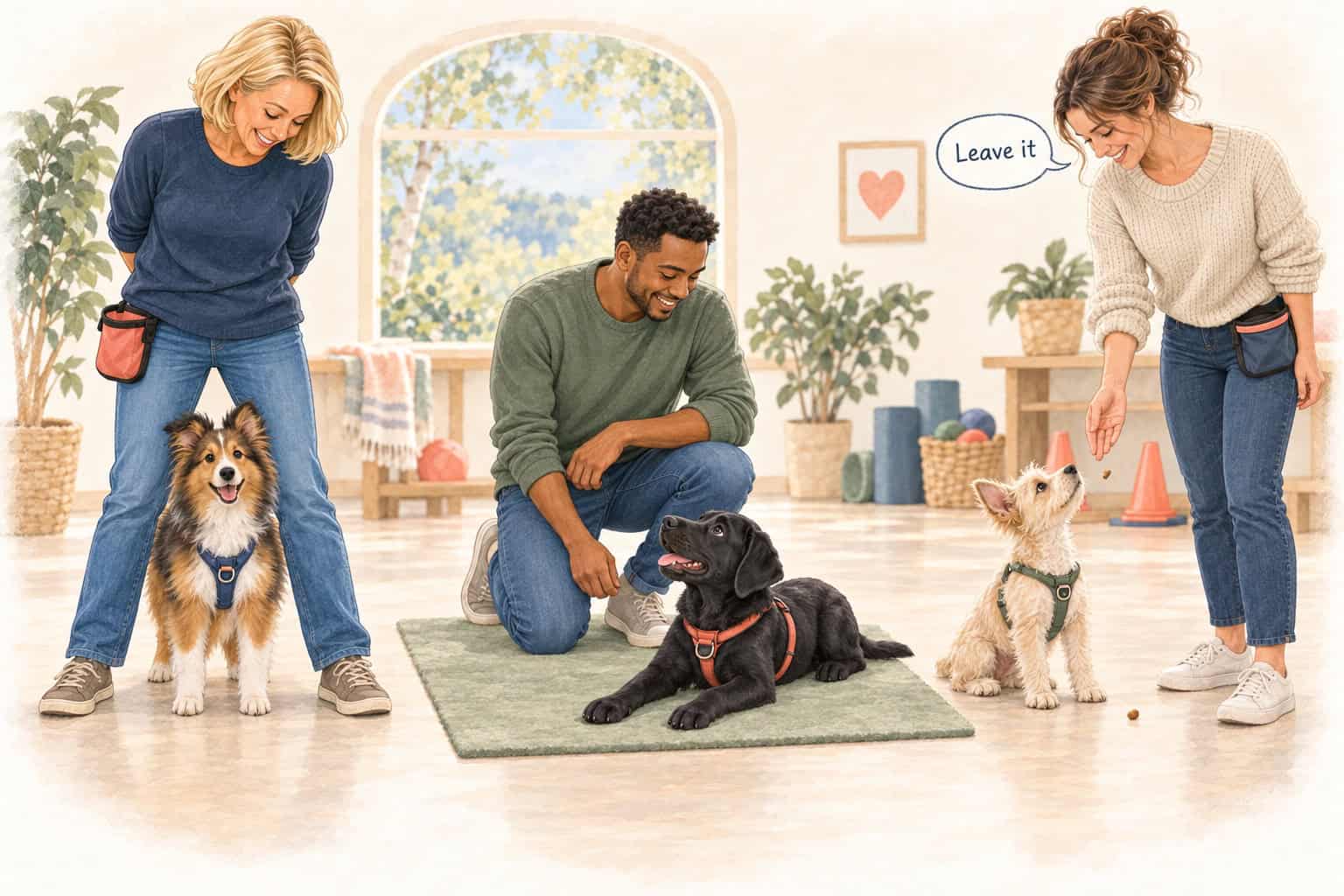 Three young dog teams practicing peek-a-boo, settling on a mat, and leave it with dropped treats.