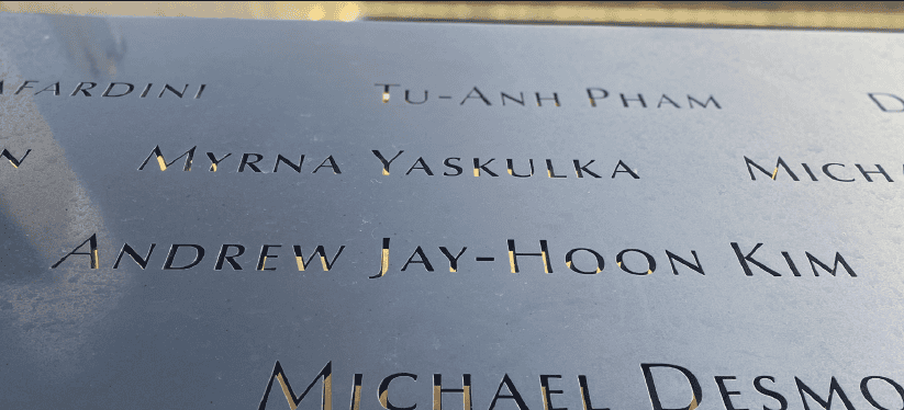 Name of Korean American victim Andrew Jaehoon Kim engraved at 9/11 Ground Zero memorial in Lower Manhattan