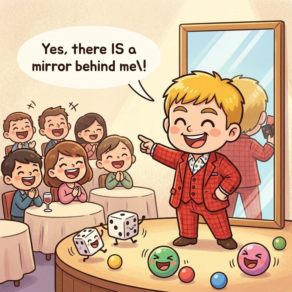 銀座GINZA SIXで鏡張りマジック!? 芸歴20周年に向けて3つの新作に挑む富山マジシャンの舞台裏 5 鏡張りのステージ裏を指差して笑いを取るマジシャン・コンプレッサーと爆笑する観客のチビキャラ風イラスト