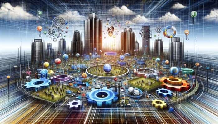 Digital landscape with search engines towering over market, businesses using SEO gears and links for visibility.