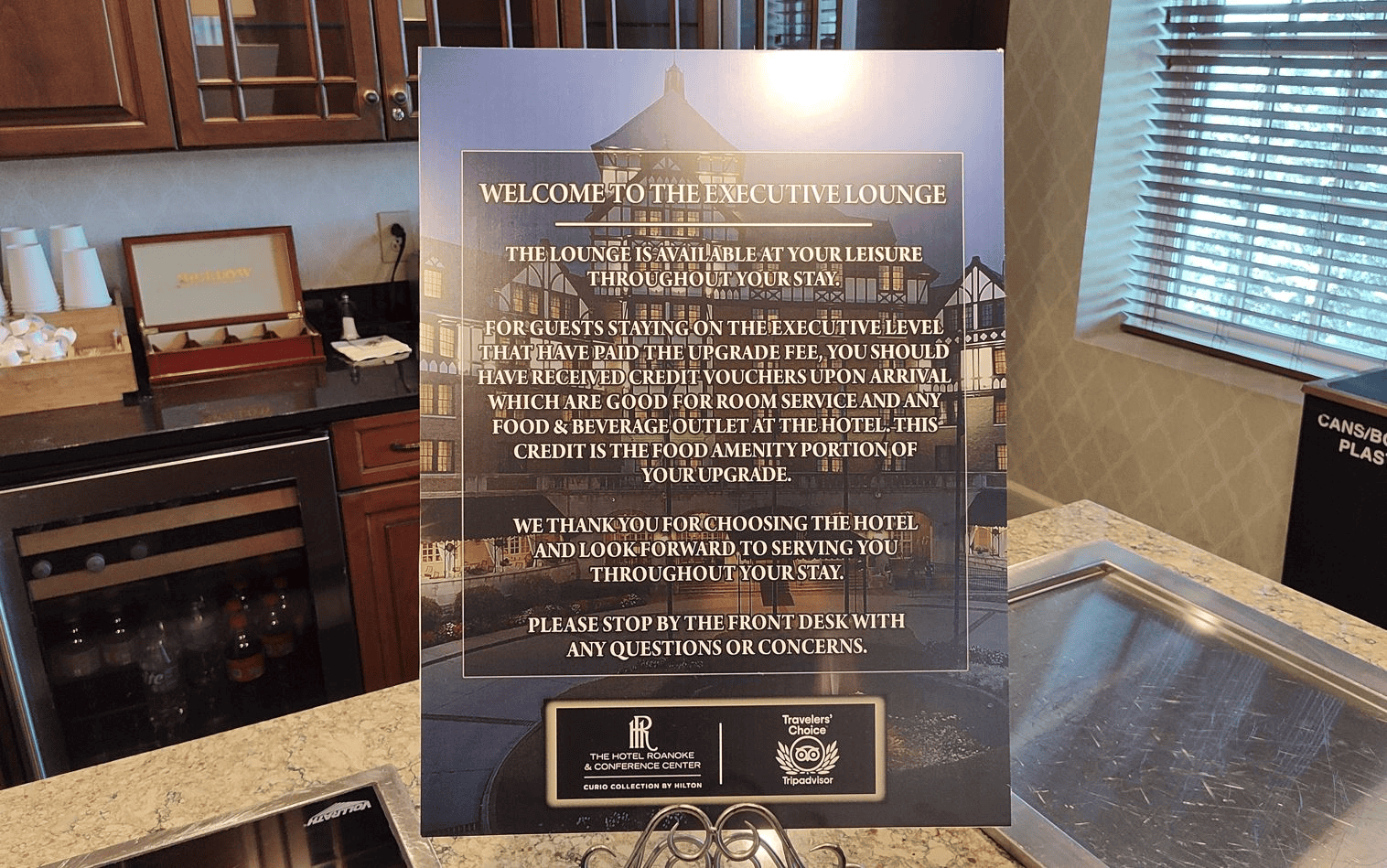 Discover Hilton Executive Lounges: Access & Benefits 2 Roanoke hotel explains that guests receive credit vouchers for the restaurant or room service instead of food in the lounge