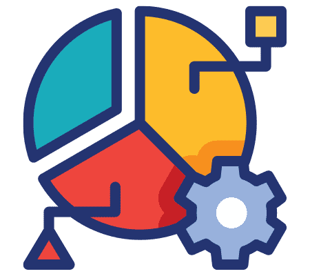 Segmented pie chart with a gear and connector nodes, symbolizing data analysis and system optimization